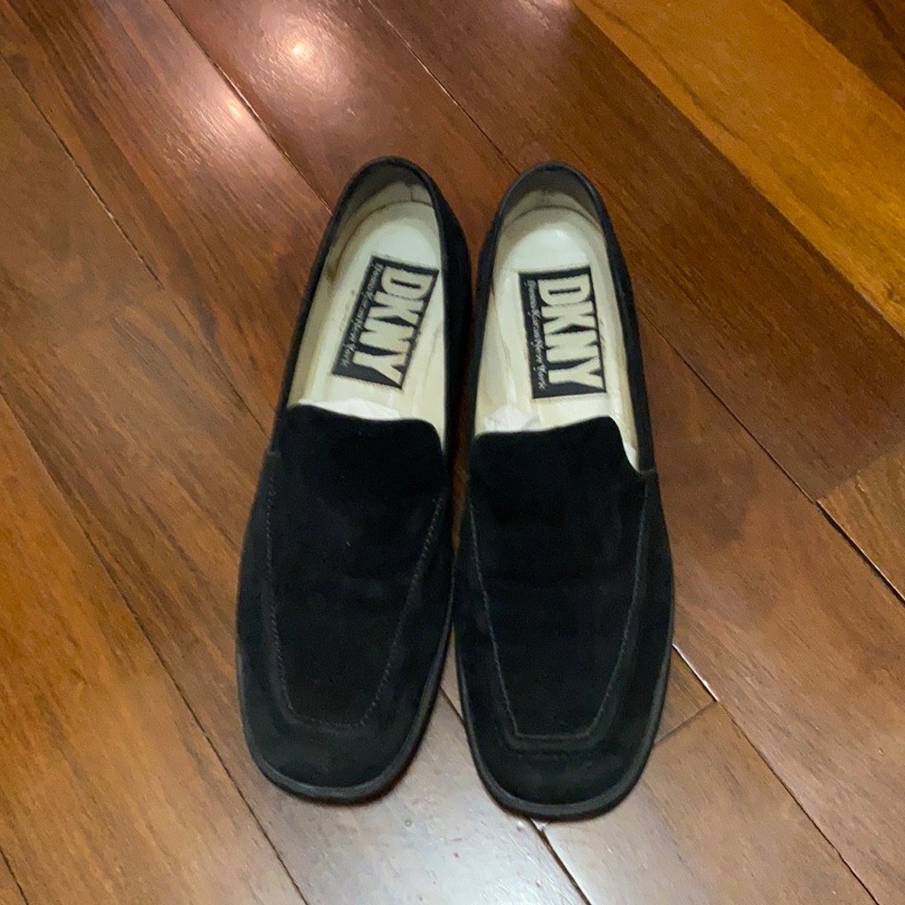 DKNY black suede loafers